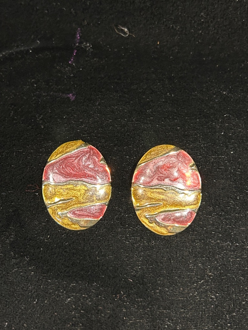 Gold and Red Oval Swirl Earrings - Elegant Women's Jewelry